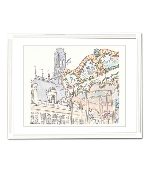 paris carousel wall art print hotel de ville illustration by shell sherree