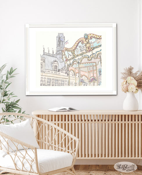 paris carousel wall art print hotel de ville illustration by shell sherree