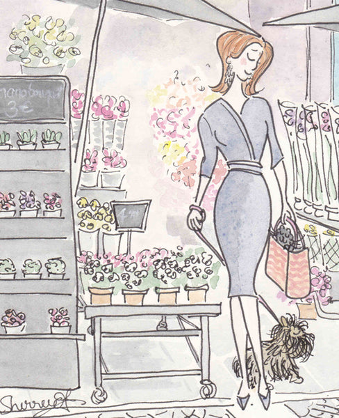 paris print happy flower shop woman cat dog by shell sherree