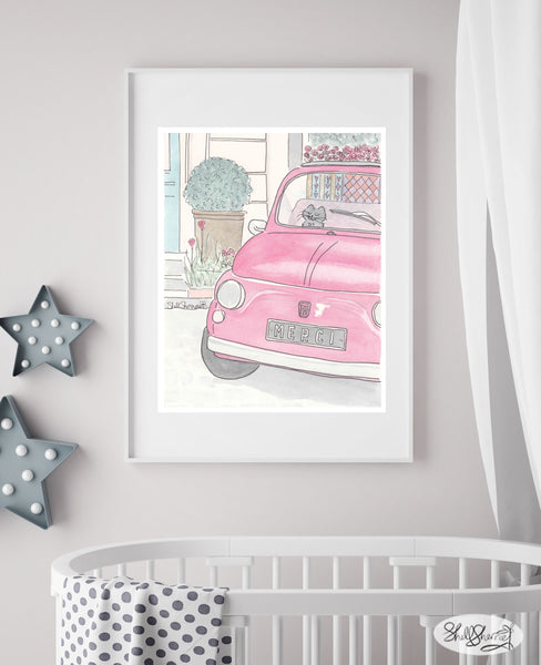 merci red car with cat in paris wall art by shell sherree