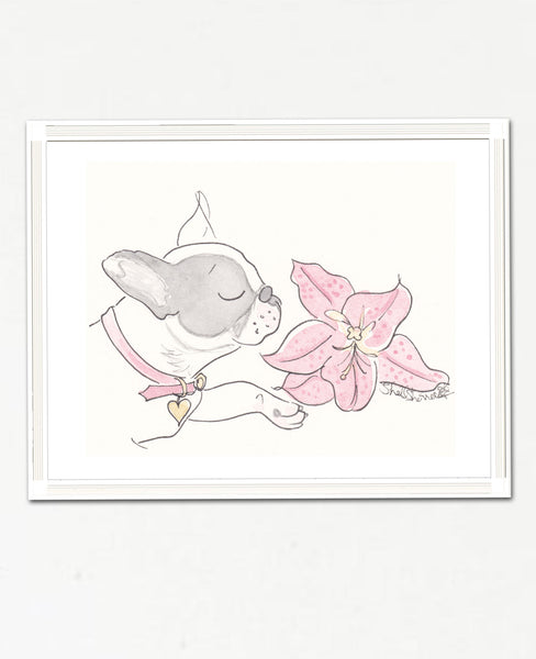 French Bulldog Olive and the Pink Lily wall art print by Shell Sherree