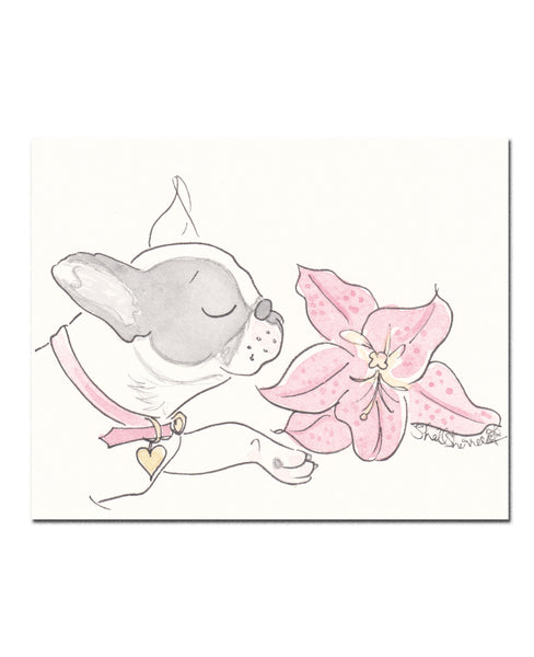 French Bulldog Olive and the Pink Lily wall art print by Shell Sherree