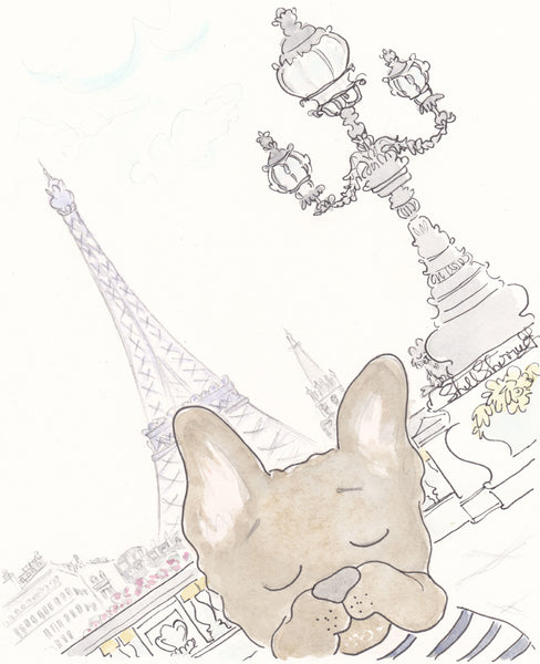 french nursery wall art - french bulldog with Eiffel Tower and Pont Alexandre III Paris by shell sherree
