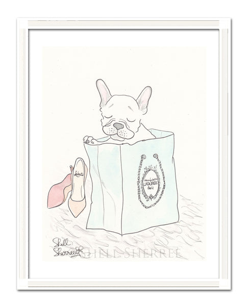 white french bulldog art print with laduree and shoes art by shell sherree