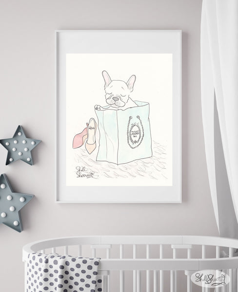 french bulldog wall art white frenchie in laduree bag with louboutin shoes illustration by shell sherree