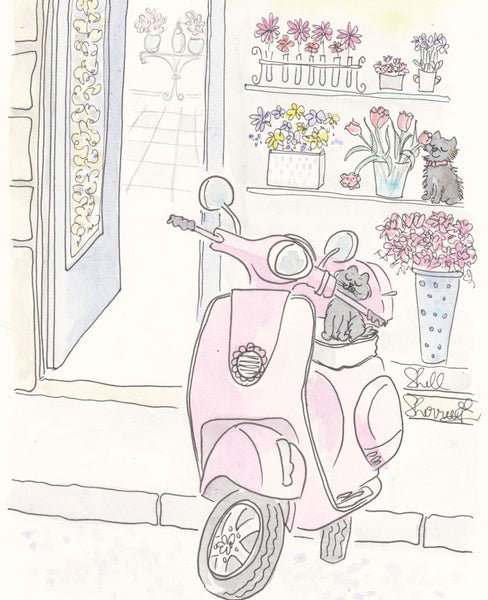 pink scooter art with cute cat, dog and flower shop by shell sherree