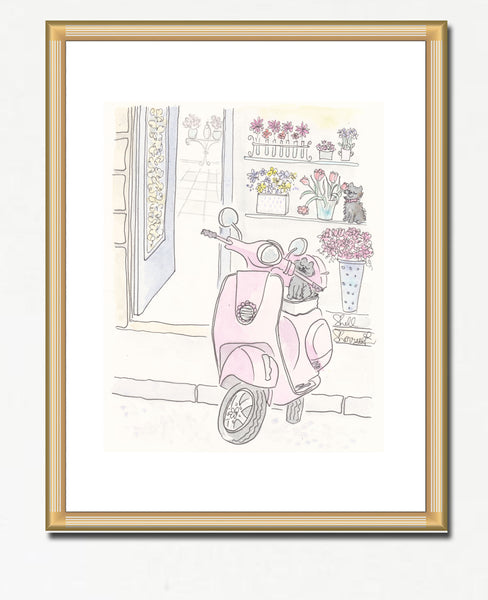pink scooter art with cute cat, dog and flower shop by shell sherree