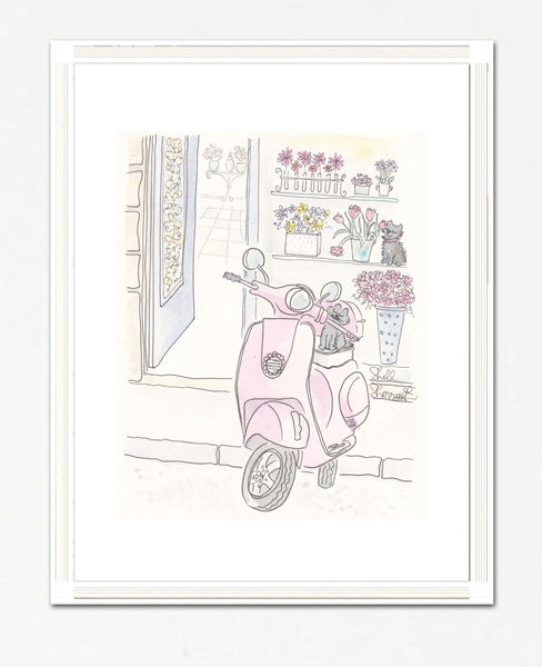 pink scooter art with cute cat, dog and flower shop by shell sherree