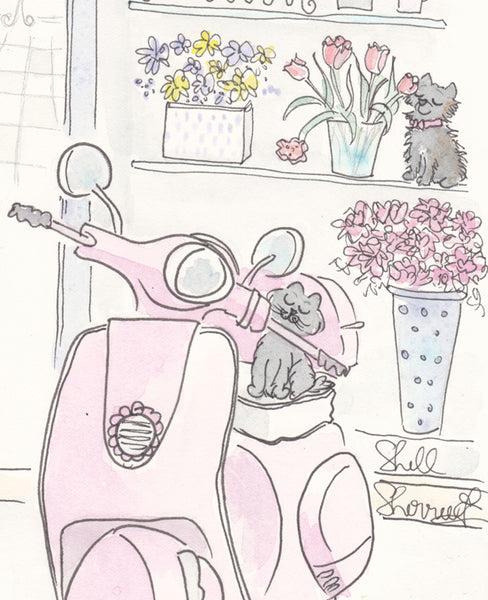 pink scooter art with cute cat, dog and flower shop by shell sherree