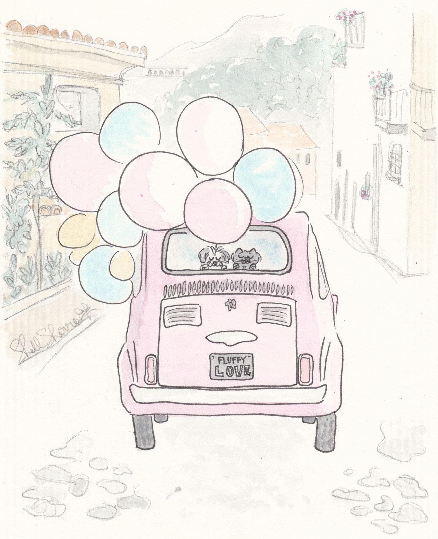pink vintage car with dog and cat art print by shell sherree
