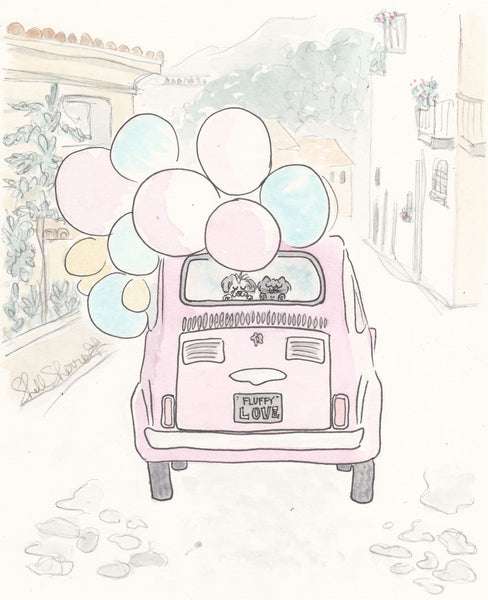 pink vintage car with dog and cat art print by shell sherree