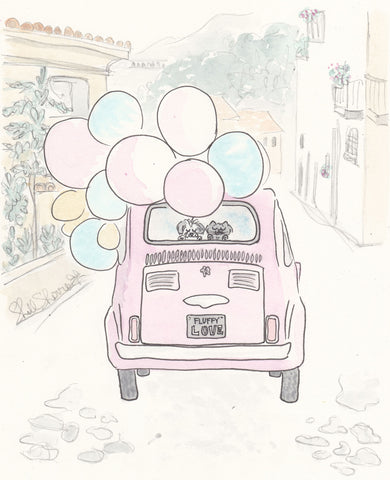 pink vintage car with dog and cat art print by shell sherree