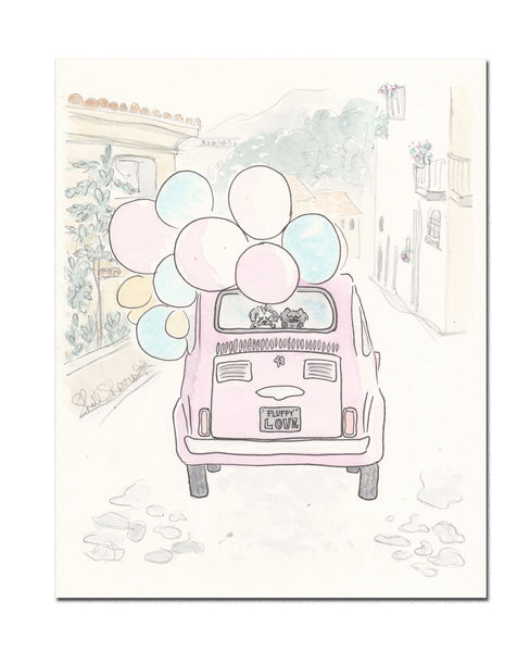 pink vintage car with dog and cat art print by shell sherree