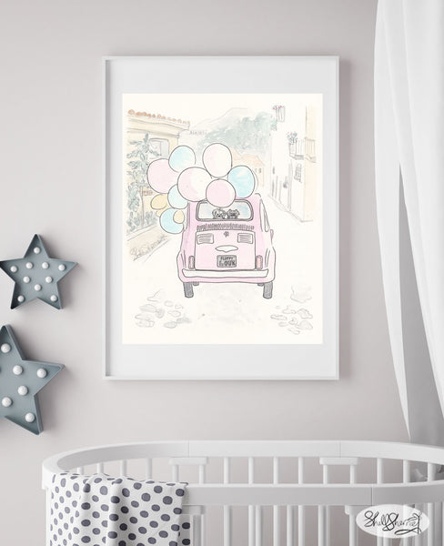pink vintage car with dog and cat art print by shell sherree