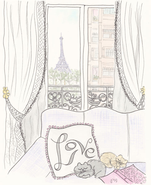 french nursery wall art sleeping cats eiffel tower paris view by shellsherree