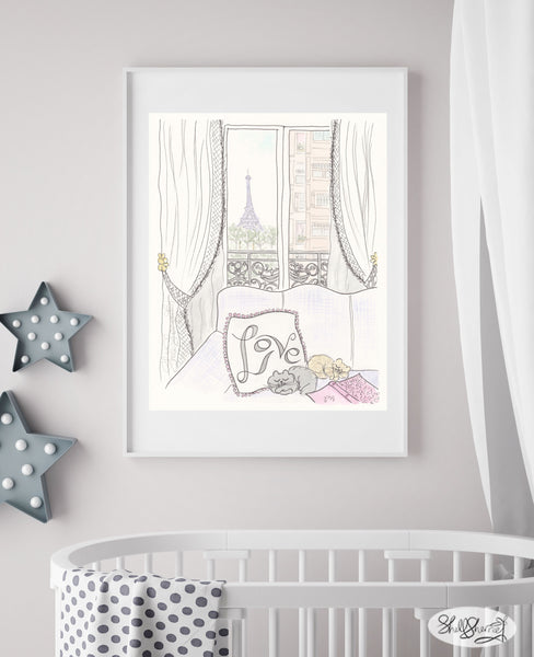 french nursery wall art sleeping cats eiffel tower paris view by shellsherree