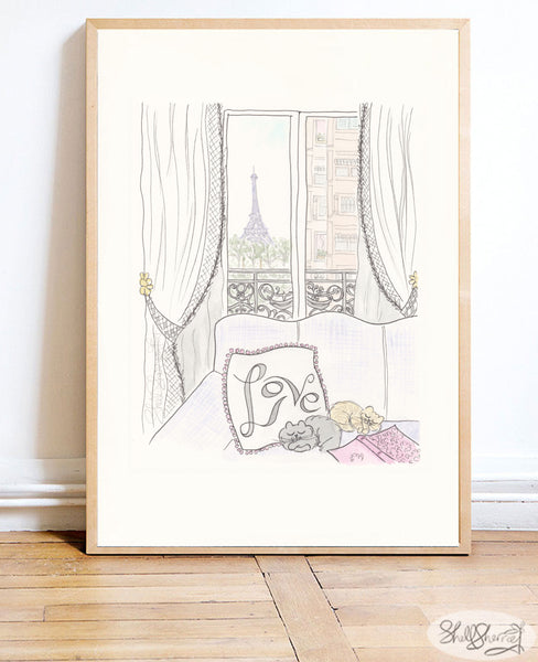 paris cats wall art Love Eiffel Tower french print by shell sherree