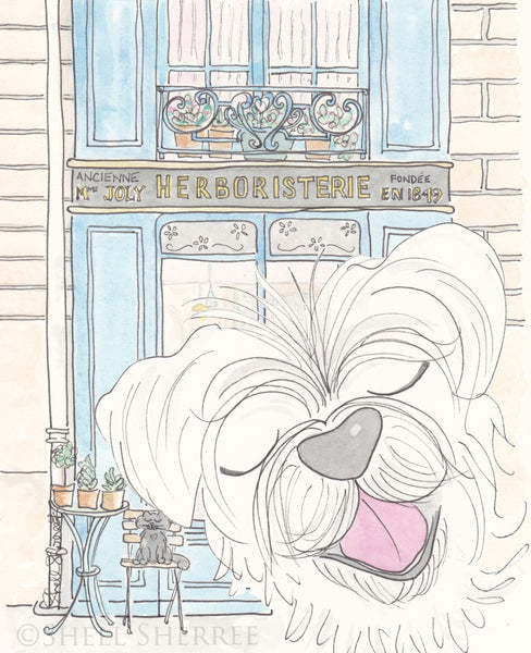 happy white dog wth paris herboristerie art by shell sherree