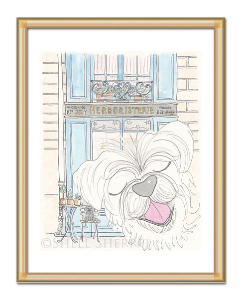 happy white dog wth paris herboristerie art by shell sherree