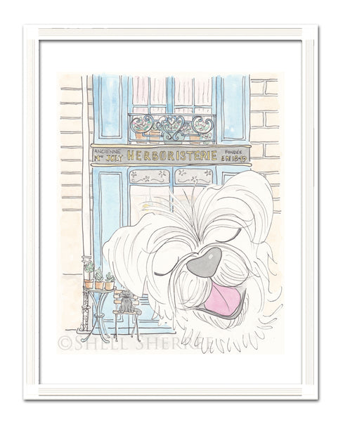 happy white dog wth paris herboristerie art by shell sherree