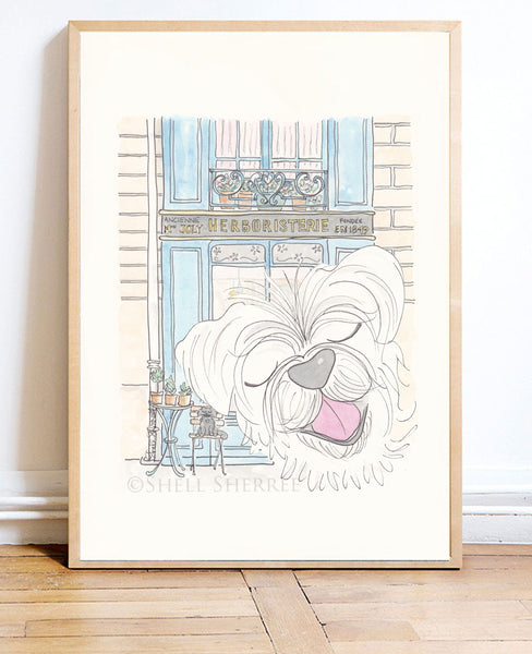 happy white dog wth paris herboristerie art by shell sherree