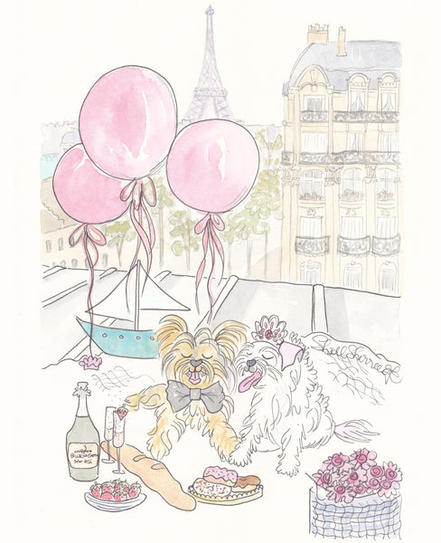 dog wall art yorkies in paris with balloons by shell sherree
