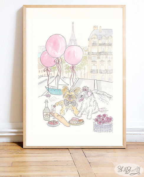 dog wall art yorkies in paris with balloons by shell sherree