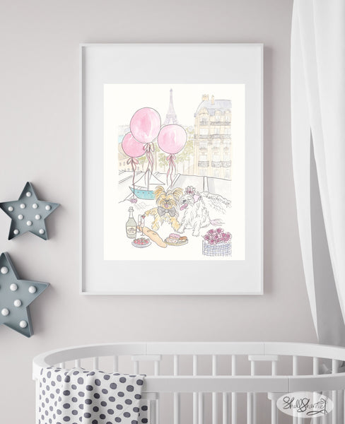 french nursery - paris nursery yorkie dogs with balloons and eiffel tower by shell sherree