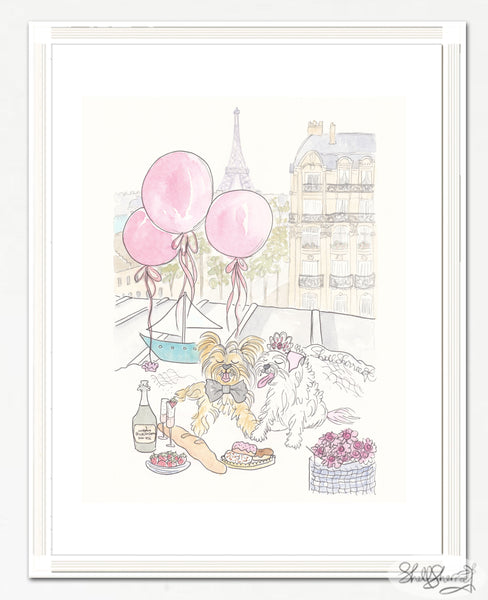 paris yorkie dogs wall art illustration by shell sherree
