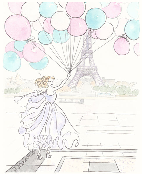 eiffel tower wall art print with balloons by shellsherree