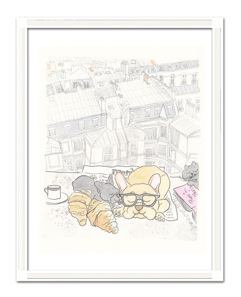 french bulldogs paris rooftops breakfast art print shell sherree