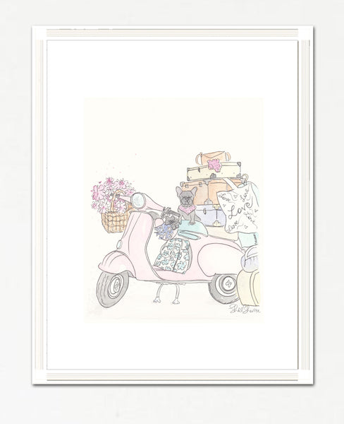 pink scooter french bulldog cat wall art shellsherree