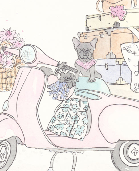 pink scooter french bulldog cat wall art shellsherree