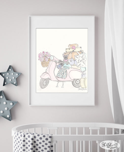 pink scooter french bulldog cat wall art shellsherree