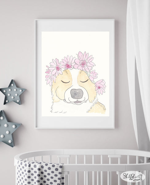 cute dog with flowers nursery childrens art shell sherree