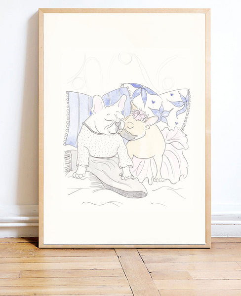 Sweet French Bulldog Snuggles in Bed art print shell sherree