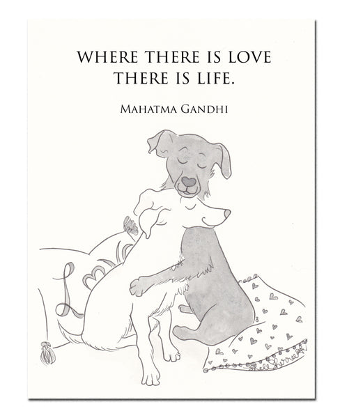 black and white dog hugs and love art by shell sherree