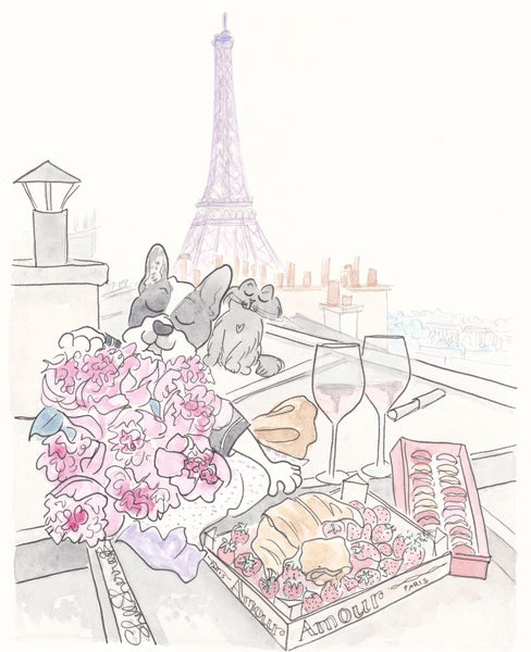 french nursery wall art of paris rooftop picnic with french bulldog black cat shell sherree art print
