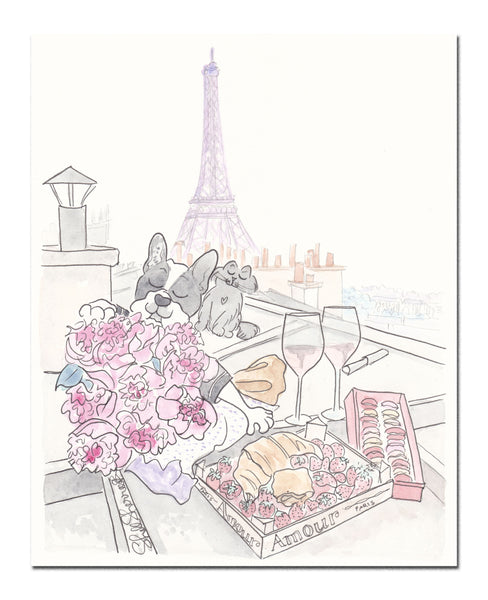 french nursery wall art of paris rooftop picnic with french bulldog black cat shell sherree art print