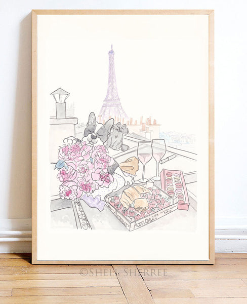 french nursery wall art of paris rooftop picnic with french bulldog black cat shell sherree art print