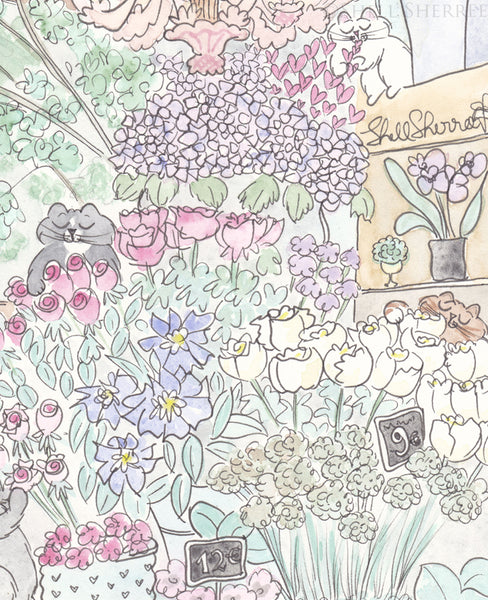 paris french flower shop with cats art by shell sherree