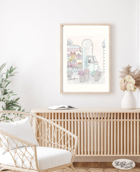 Flower Truck with Dog and Cat wall art print by Shell Sherree