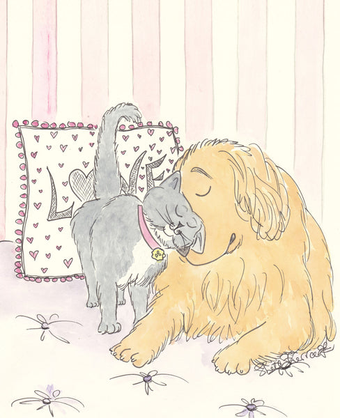 Golden Retriever and Kitty Cat Hugs art print shellsherree