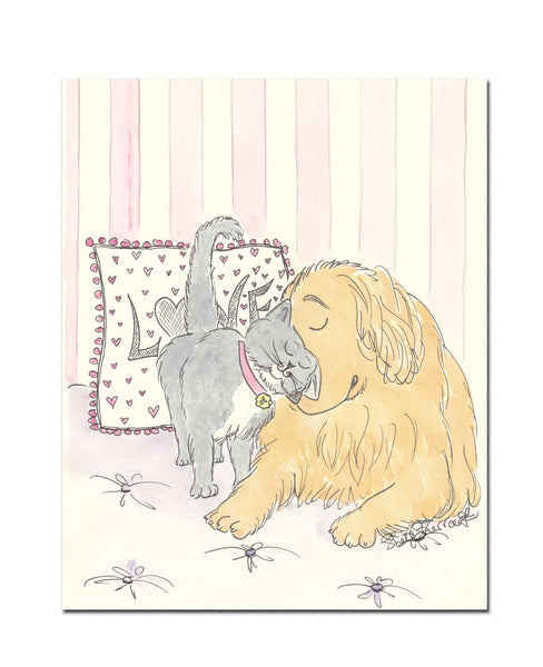 Golden Retriever and Kitty Cat Hugs art print shellsherree