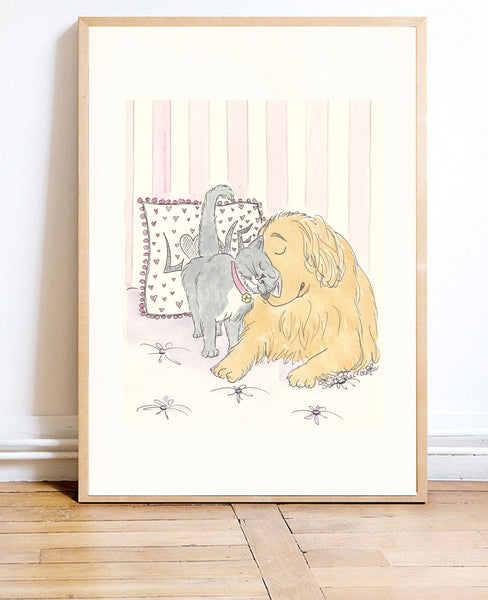 Golden Retriever and Kitty Cat Hugs art print shellsherree