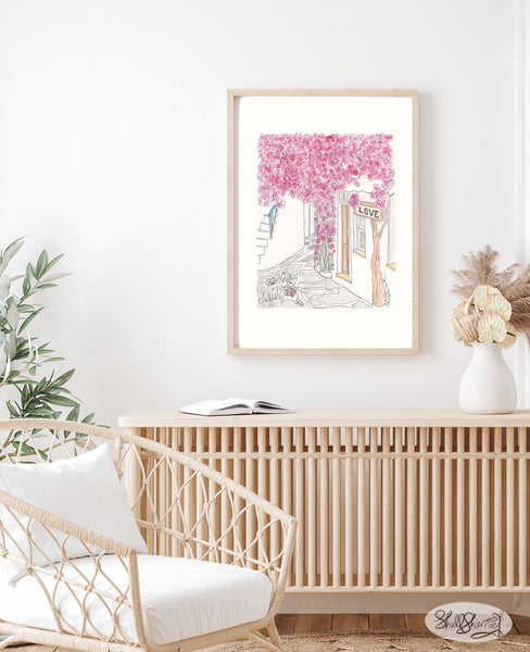 greece wall art pink flowers cats serenade by shell sherree