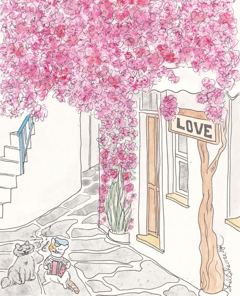 greece wall art pink flowers cats serenade by shell sherree