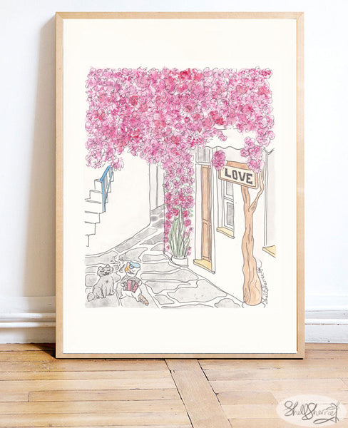 greece wall art pink flowers cats serenade by shell sherree