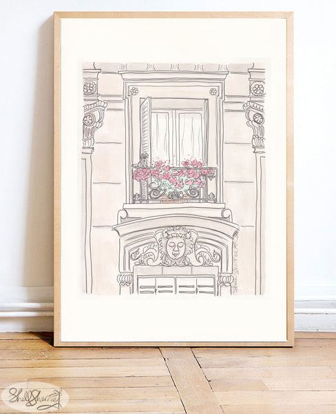 Paris print flowering balcony and kitty cat by shell sherree