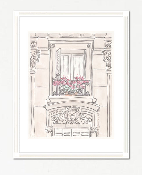 Paris print flowering balcony and kitty cat by shell sherree
